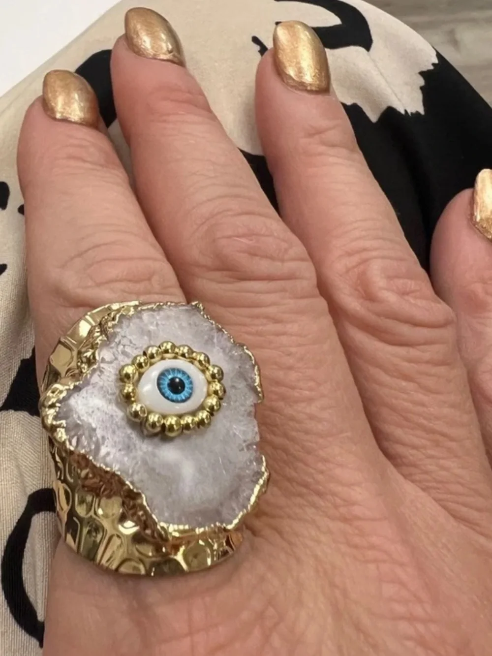 New! Gold-Plated White Synthetic Geode Agate Druzy Evil Eye Statement Ring